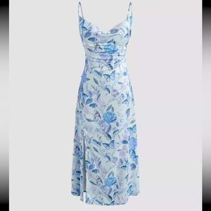 Cider satin maxi slit dress in baby blue